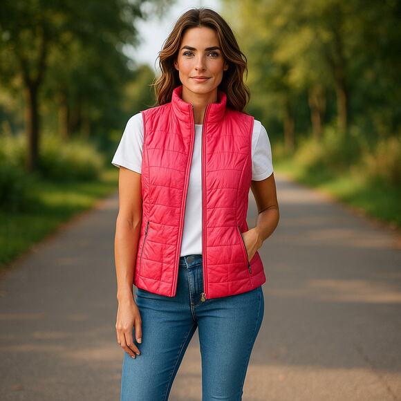 Lauren Ralph Active Womens Vest Size XL Neon Bermuda Pink Black Quilted NEW - Picture 1 of 8